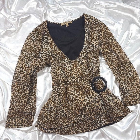 Notations Tops - y2k Notations Leopard Print Top Brown Excellent Faux Wrap Ring Detail Blouse